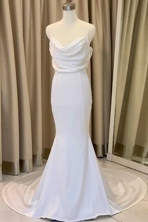 Buyishang Mermaid Cowl Neck White Satin Long Wedding Dress