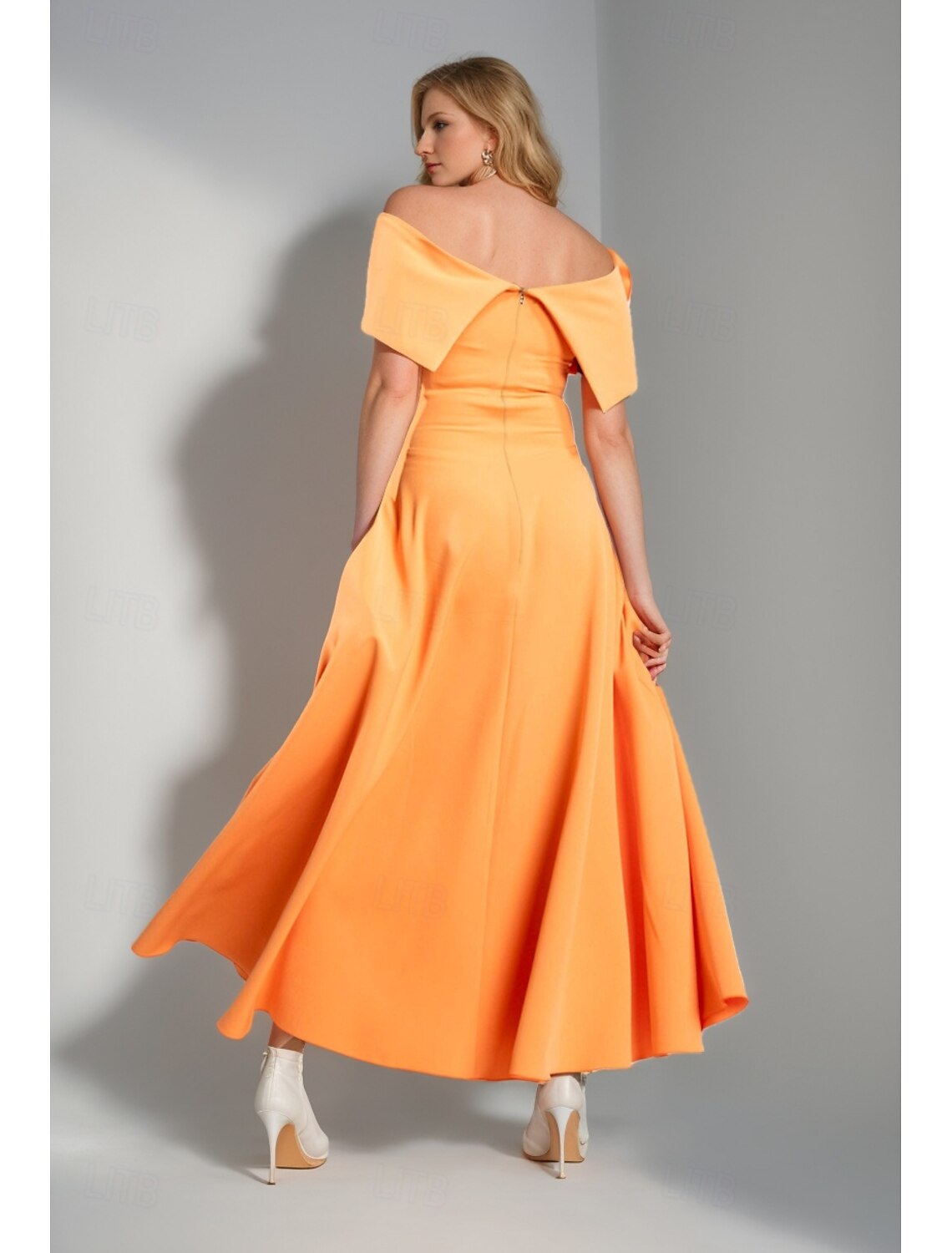 Buyishang A-Line Mother of the Bride Dress Elegant Simple Off Shoulder Tea Length Stretch Satin Short Sleeve with Pleats Flower free custom size