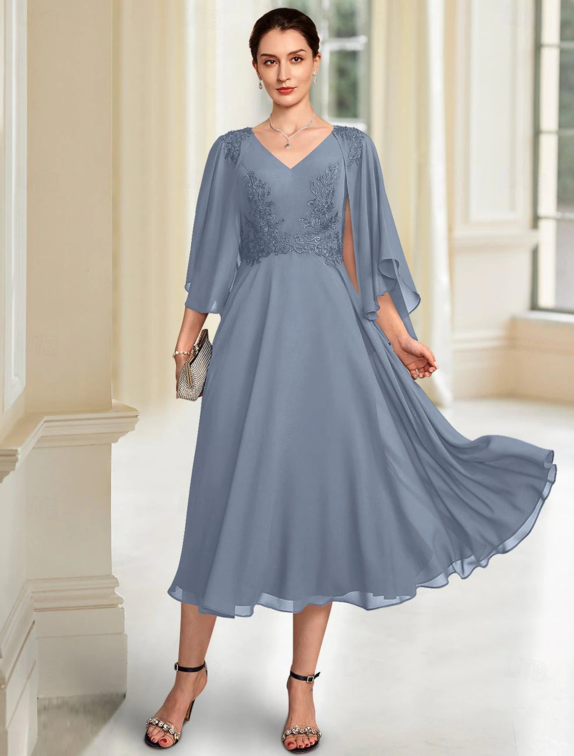 Buyishang A-Line Mother of the Bride Dress Elegant V Neck Tea Length Chiffon 3/4 Length Sleeve with Lace free custom size