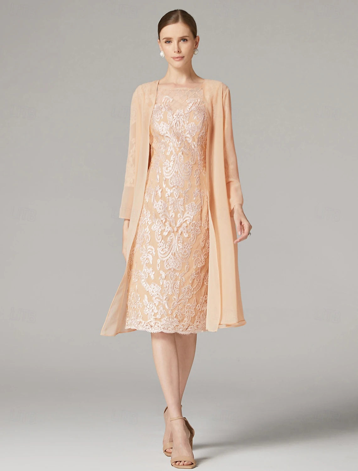 Buyishang Two Piece Sheath Dress Suit Mother of the Bride Dress Elegant Jewel Neck Knee Length Chiffon Lace 3/4 Length Sleeve Wrap Included Jacket Dresses with Beading Appliques