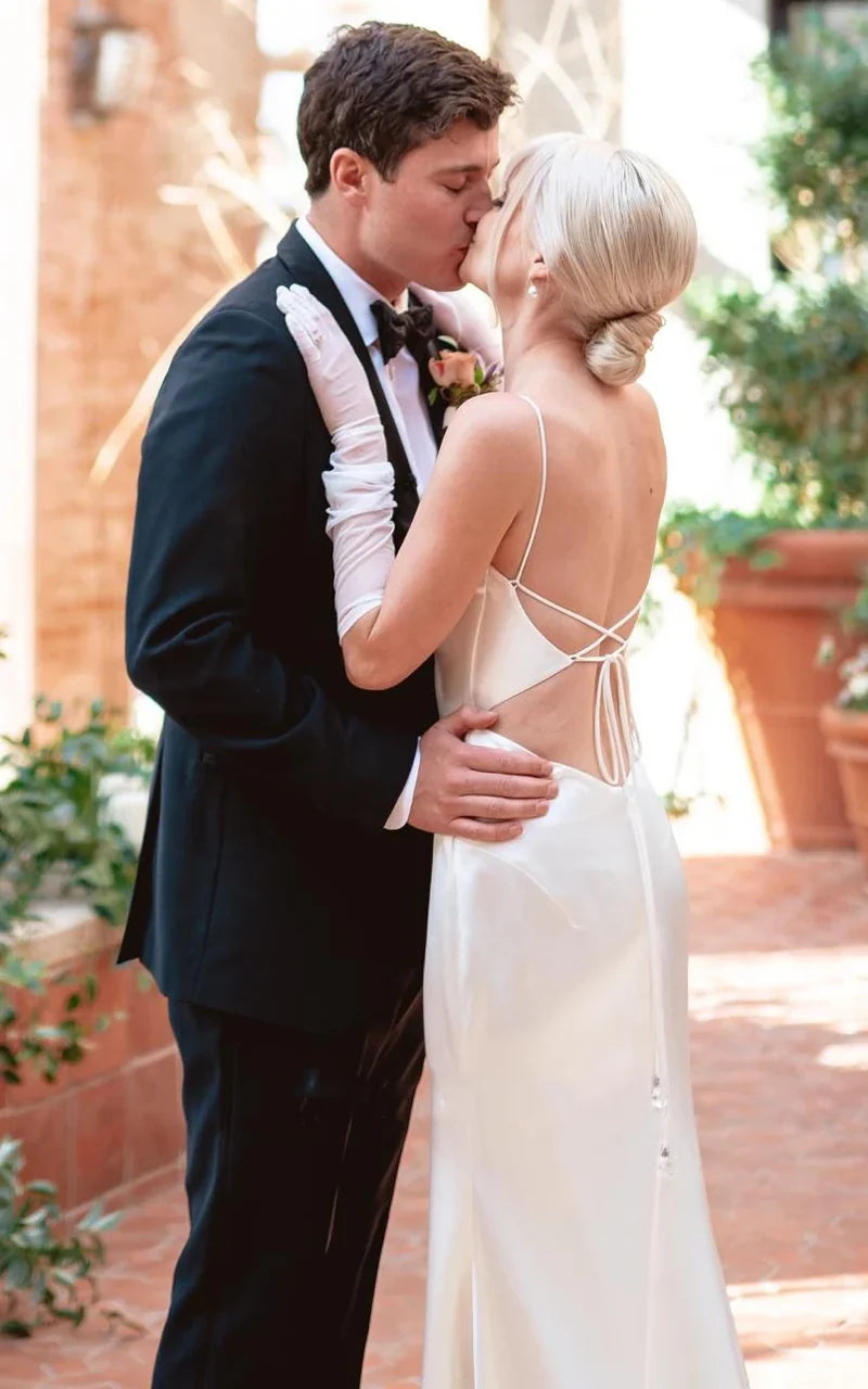 Buyishang Modern Mermaid Spaghetti Charmeuse Wedding Dress With Chapel Train And Tied Back