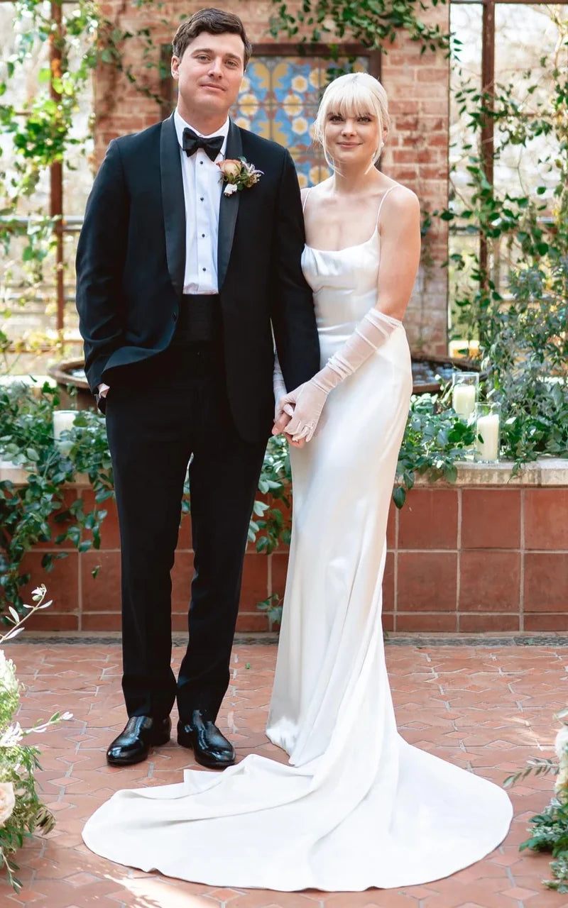 Buyishang Modern Mermaid Spaghetti Charmeuse Wedding Dress With Chapel Train And Tied Back