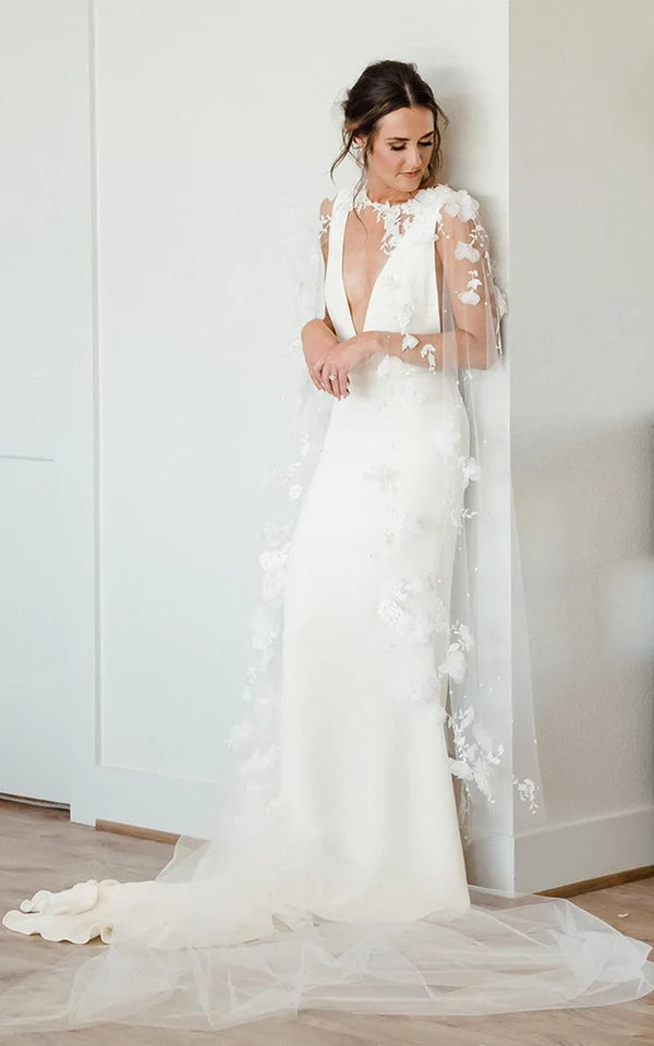 Buyishang Modern Sheath V-neck Satin Sweep Train Wedding Dress