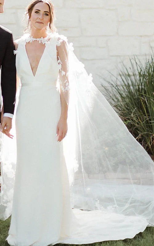 Buyishang Modern Sheath V-neck Satin Sweep Train Wedding Dress