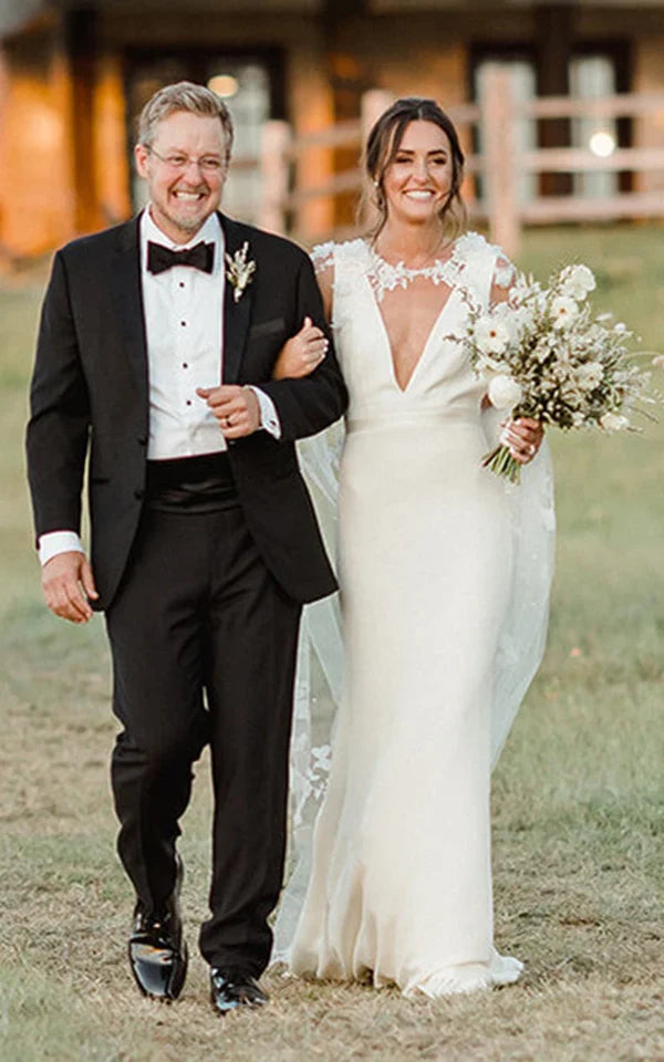 Buyishang Modern Sheath V-neck Satin Sweep Train Wedding Dress