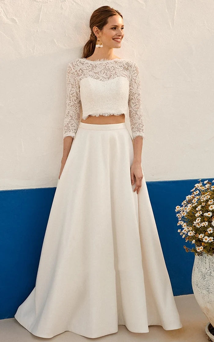 Buyishang Modern Two Piece Floor-length 3/4 Length Sleeve Lace Jewel Wedding Dress with Ruching