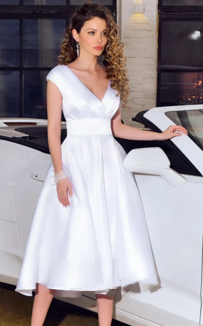 Buyishang Modern V-neck A Line Satin Tea-length Wedding Dress with Sash