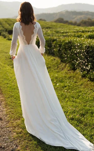 Buyishang Modest A-Line Long Sleeve Floor Length Train Simple Casual Chiffon Bateau V-Back Wedding Dress
