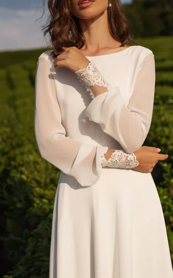 Buyishang Modest A-Line Long Sleeve Floor Length Train Simple Casual Chiffon Bateau V-Back Wedding Dress