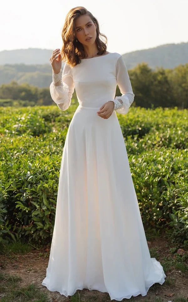 Buyishang Modest A-Line Long Sleeve Floor Length Train Simple Casual Chiffon Bateau V-Back Wedding Dress