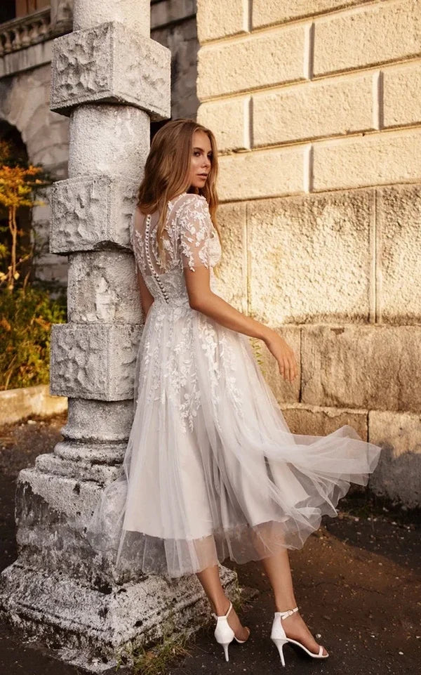 Buyishang Tea Length Sleeves Ethereal Modern A-Line V-Neck Button Back Wedding Dress