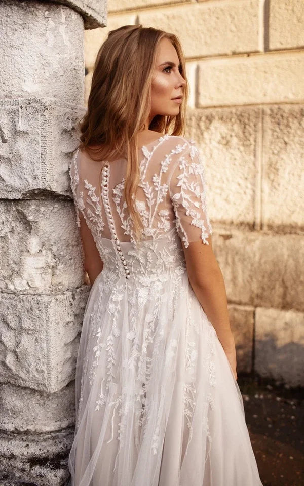 Buyishang Tea Length Sleeves Ethereal Modern A-Line V-Neck Button Back Wedding Dress