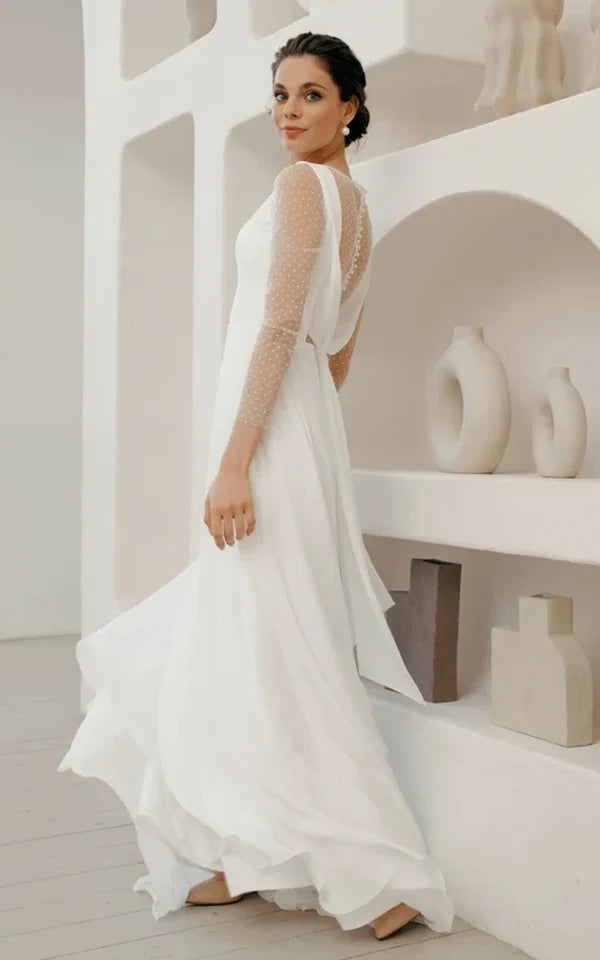 Buyishang A-Line Chiffon Maxi Wedding Dress Minimalist Sleeved Pearl Button Low Back Bridal Gown