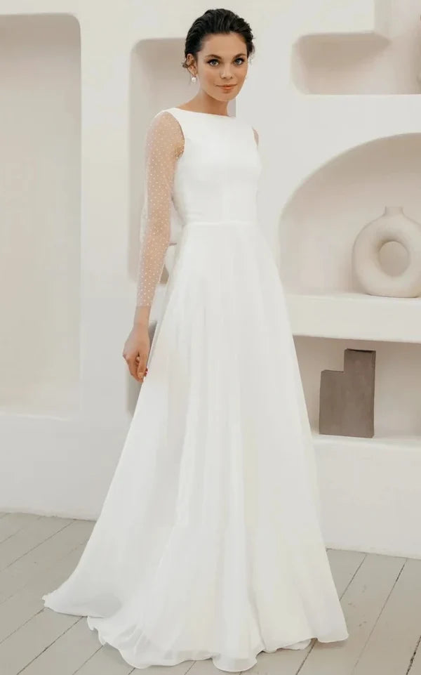 Buyishang A-Line Chiffon Maxi Wedding Dress Minimalist Sleeved Pearl Button Low Back Bridal Gown