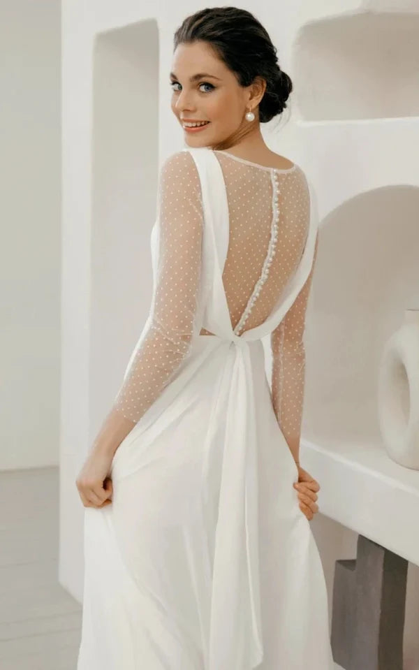 Buyishang A-Line Chiffon Maxi Wedding Dress Minimalist Sleeved Pearl Button Low Back Bridal Gown