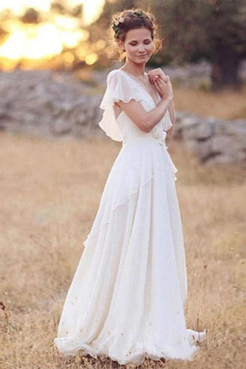 Buyishang A-Line Sheer Cap Sleeve Deep V Neck Backless Flower Beading Pleats Chiffon Wedding Dress