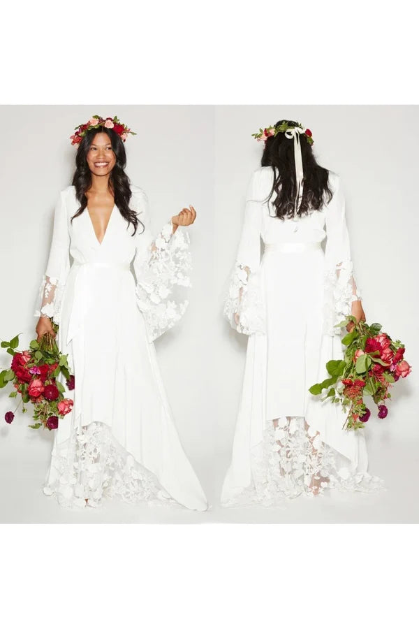 Buyishang Modest Hippie Bohemian Long Sleeve V-Neck Lace Wedding Dress