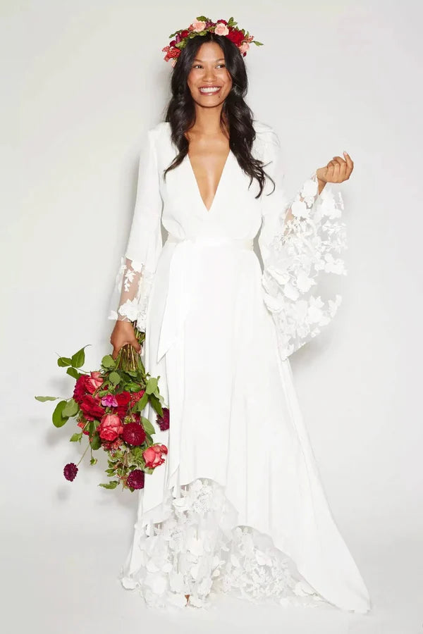 Buyishang Modest Hippie Bohemian Long Sleeve V-Neck Lace Wedding Dress
