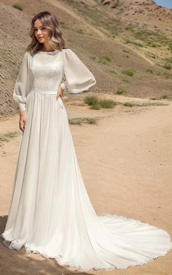 Buyishang Modest Long Sleeve Casual Rustic A-Line Bateau Neck Wedding Dress Gowns with Train
