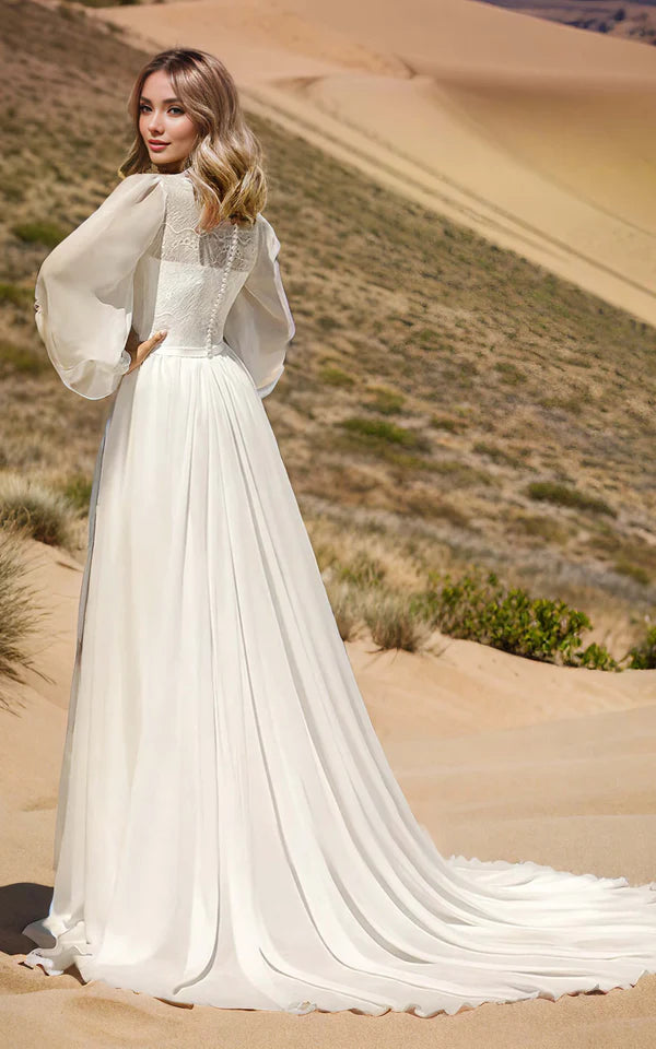 Buyishang Modest Long Sleeve Casual Rustic A-Line Bateau Neck Wedding Dress Gowns with Train