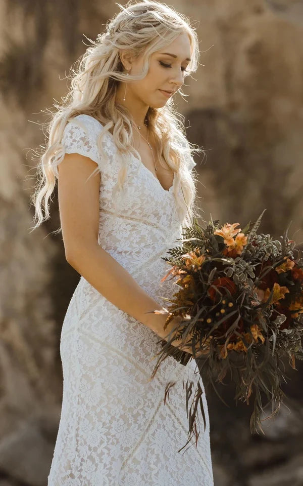 Buyishang Modest Sheath Square V-neck Lace Wedding Dress with Short Sleeve Sweep Train