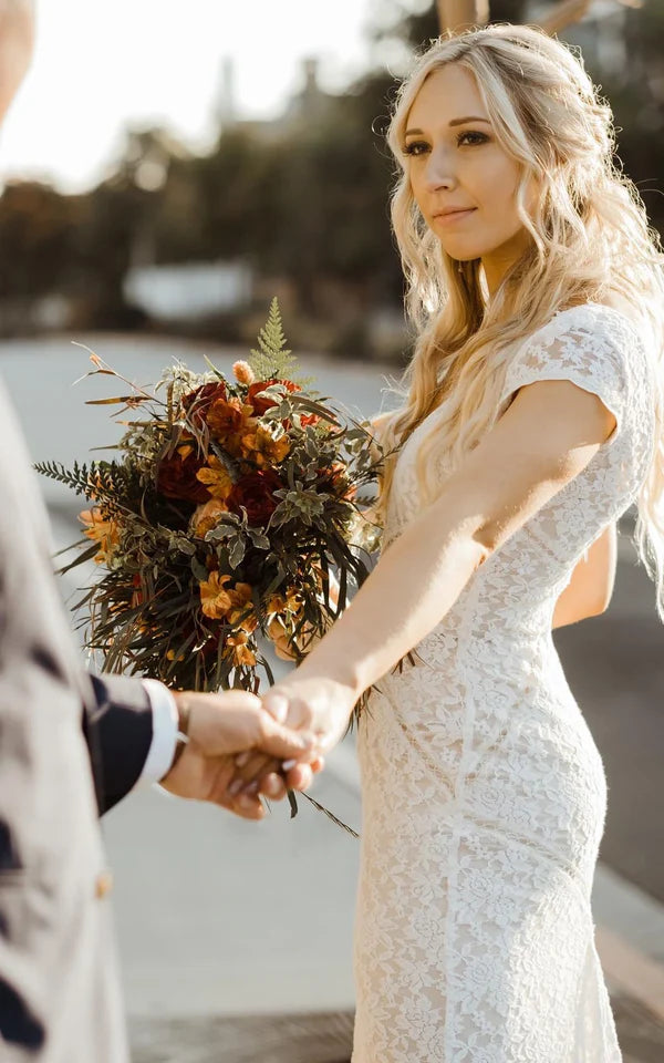 Buyishang Modest Sheath Square V-neck Lace Wedding Dress with Short Sleeve Sweep Train