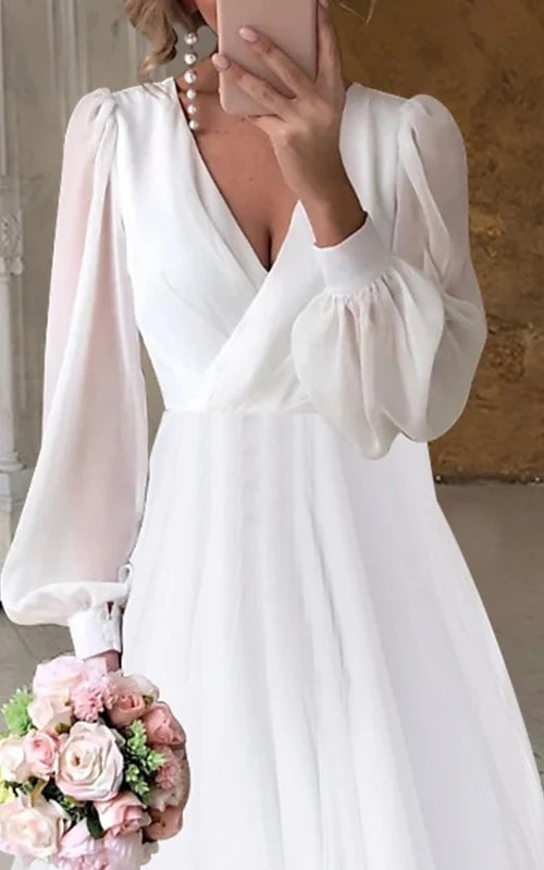 Buyishang A-Line V-Neck Long Sleeves Elegant Casual Asymmetrical Chiffon Wedding Dress with Zipper Back
