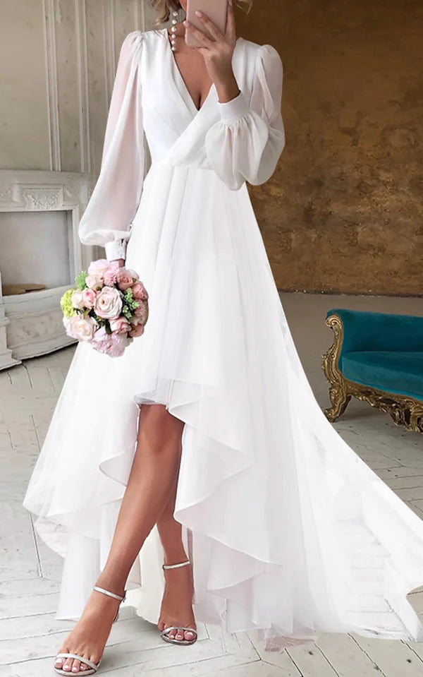 Buyishang A-Line V-Neck Long Sleeves Elegant Casual Asymmetrical Chiffon Wedding Dress with Zipper Back