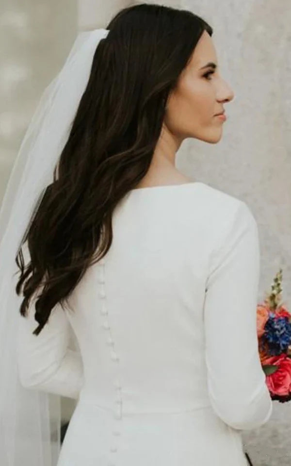 Buyishang Modest Simple Mermaid Spandex Bateau Long Sleeve Wedding Dress