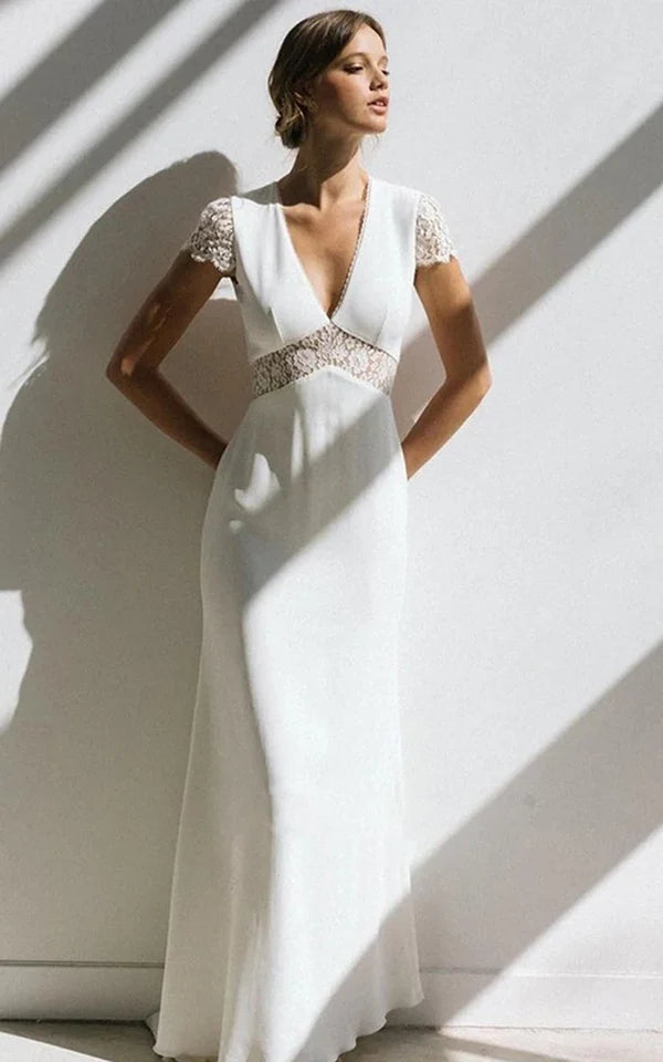 Buyishang Modest Simple Sheath Short Sleeve Empire Floor-Length Sweep Train Chiffon V-neck Wedding Dress