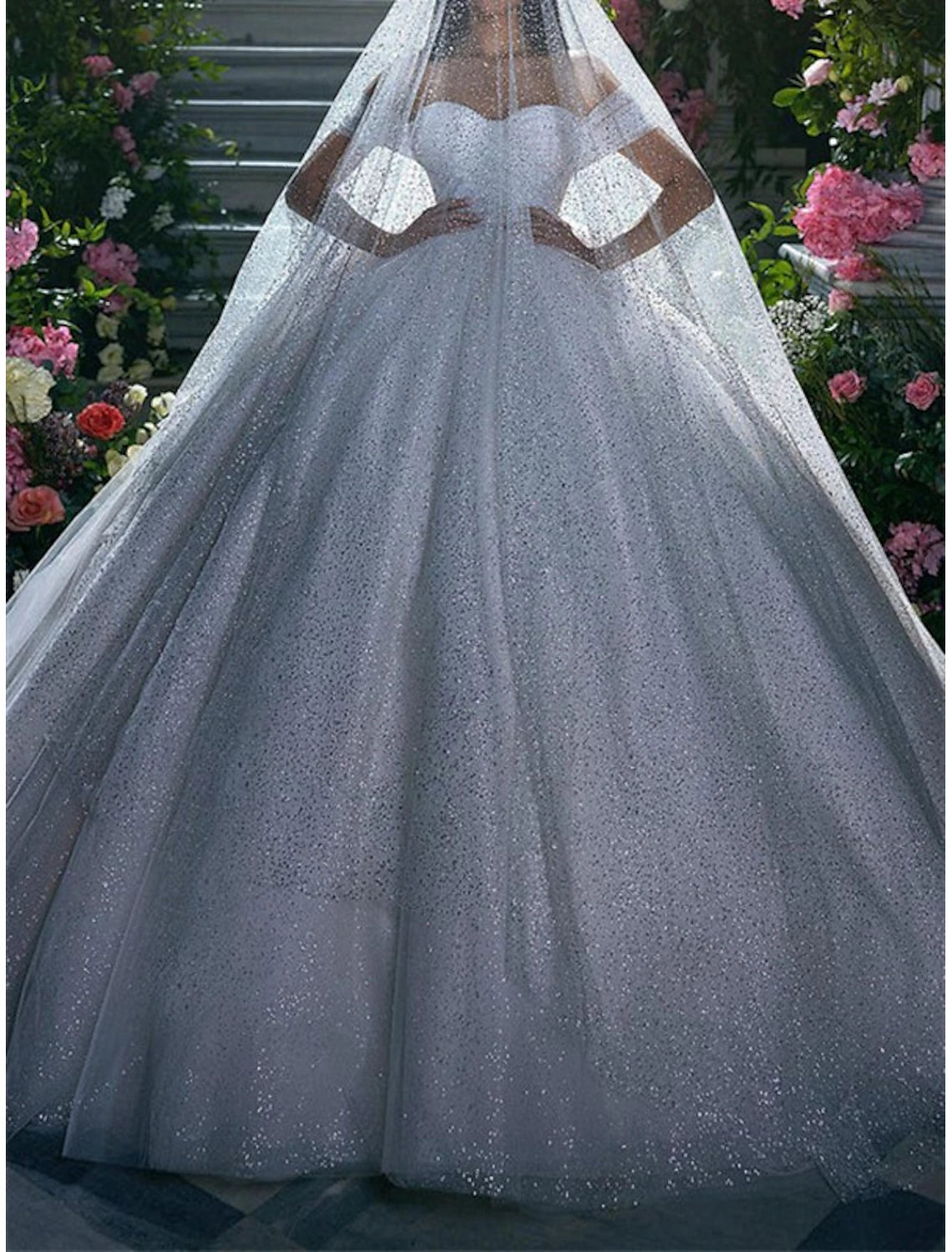 Buyishang Engagement Sparkle & Shine Formal Wedding Dresses Ball Gown Off Shoulder Cap Sleeve Chapel Train Sequined Bridal Gowns With Solid Color