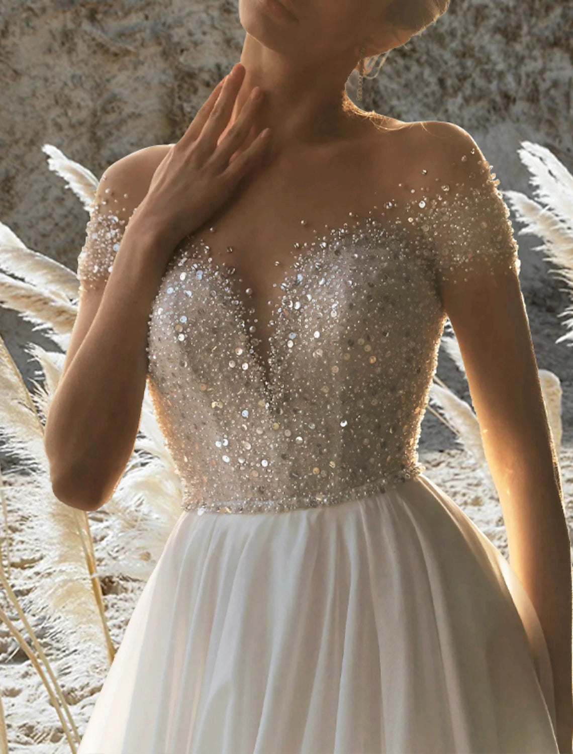 Buyishang Beach Formal Wedding Dresses A-Line Off Shoulder Short Sleeve Court Train Chiffon Bridal Gowns With Pleats Beading