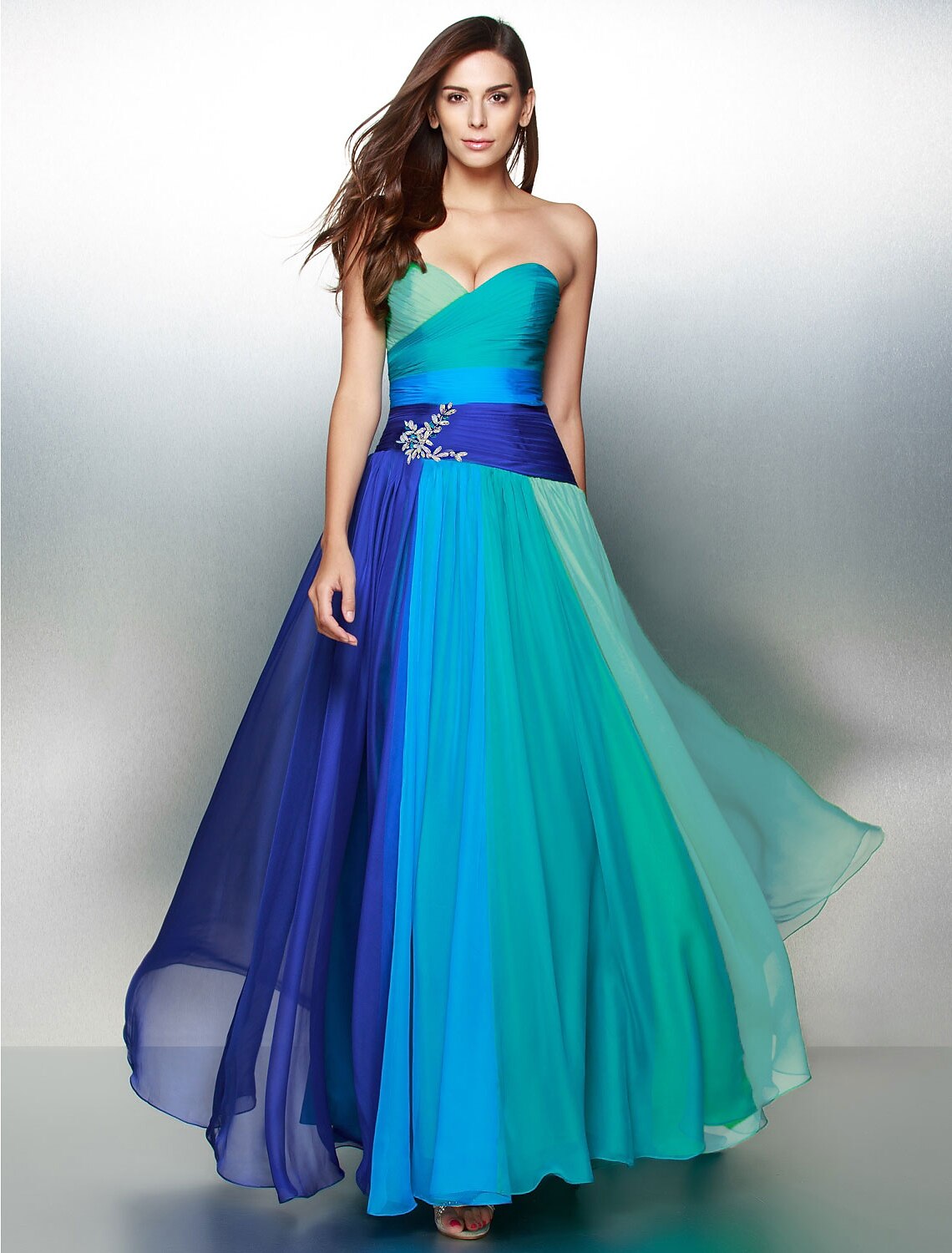 A-Line Color Block Dress Wedding Guest Prom Floor Length Sleeveless Sweetheart Chiffon Backless with Ruched Crystals