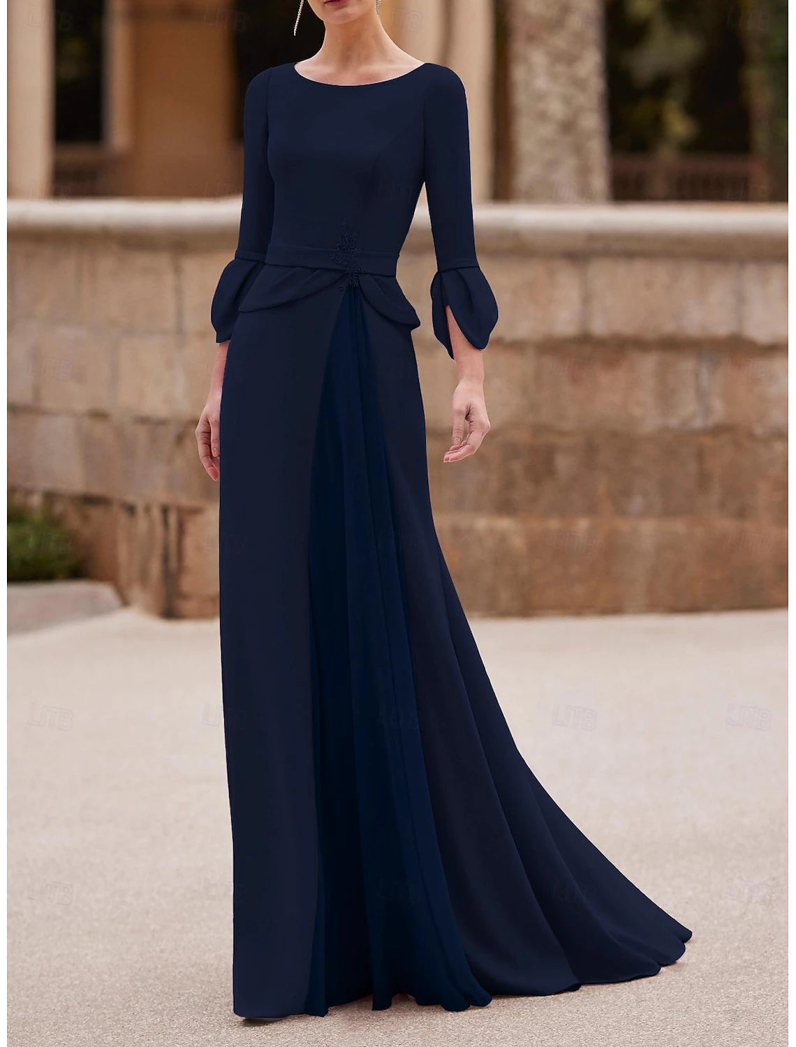 Buyishang Mermaid / Trumpet Mother of the Bride Dress Wedding Guest Elegant Jewel Neck Floor Length Chiffon Crepe 3/4 Length Sleeve with Crystal Brooch stretch dress free custom size