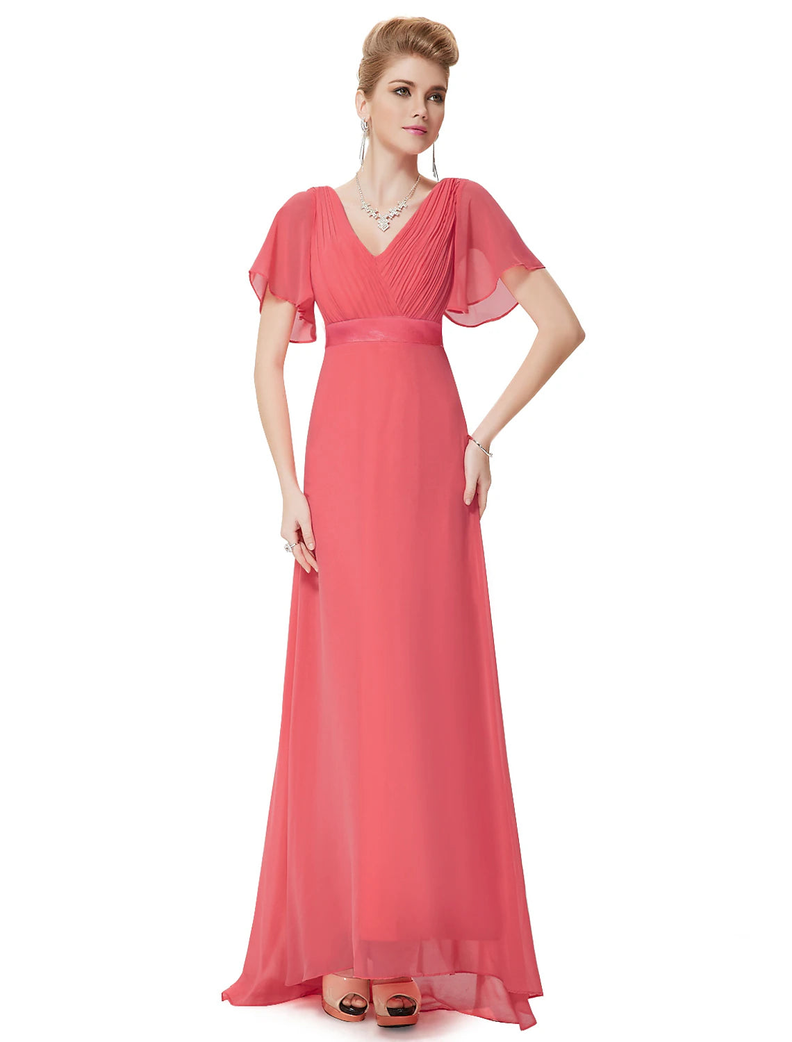 A-Line Empire Fall Wedding Guest Dress For Bridesmaid Plus Size Formal Evening Dress V Neck Short Sleeve Floor Length Chiffon with Pleats Ruched