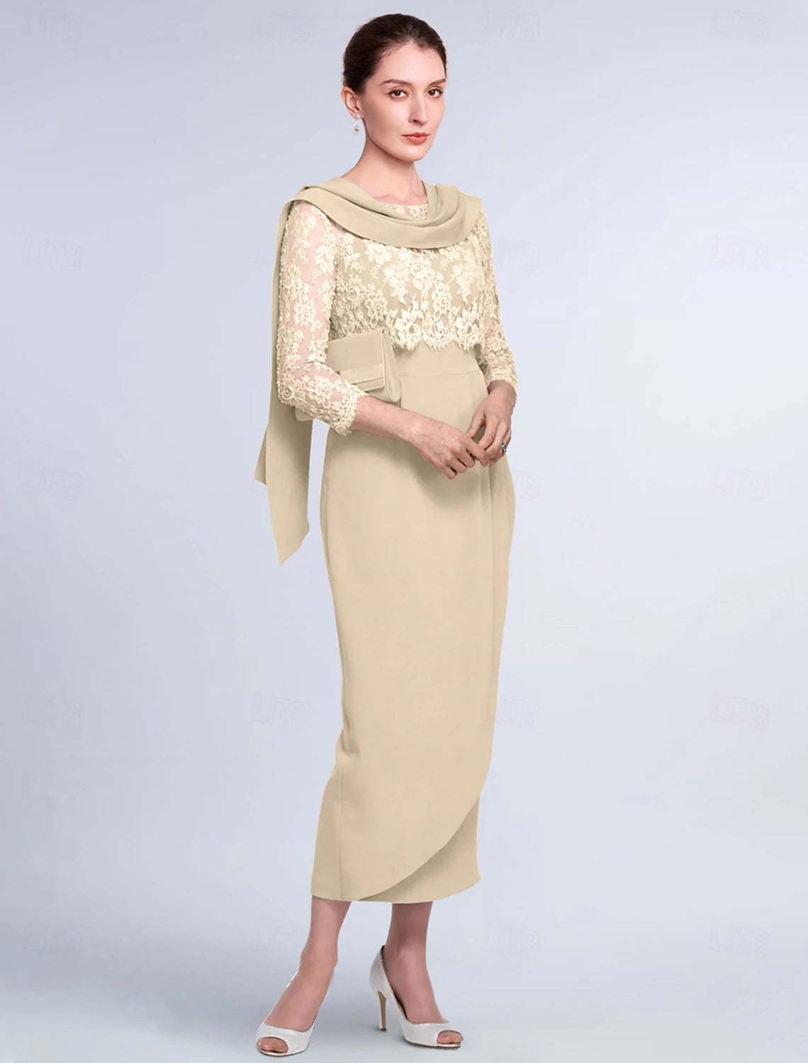 Buyishang Two Piece Sheath / Column Mother of the Bride Dress Elegant Jewel Neck Tea Length Lace Stretch Fabric 3/4 Length Sleeve Wrap Included Jacket Dresses with Lace Color Block free custom size