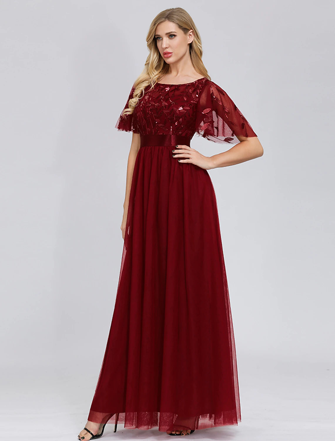 A-Line Empire Elegant Party Wear Prom Dress Jewel Neck Short Sleeve Floor Length Tulle with Embroidery / Illusion Sleeve