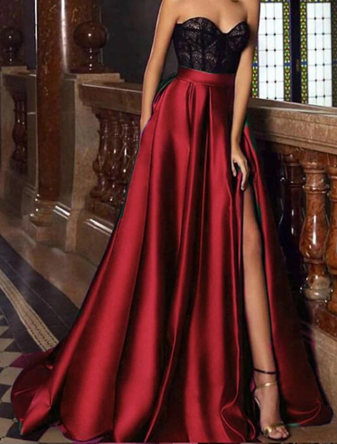 A-Line Evening Gown Vintage Dress Christmas Engagement Court Train Sleeveless Sweetheart  Satin with Slit Embroidery