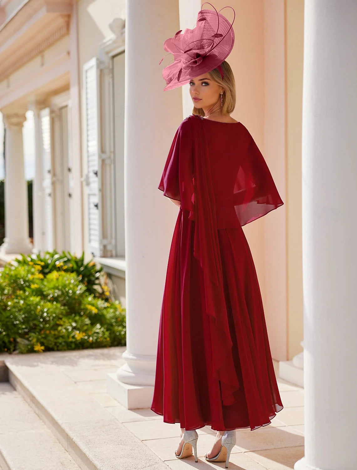 Buyishang A-Line Dress Mother of the Bride Dress Elegant Bateau Neck Ankle Length Stretch Chiffon Short Sleeve with Lace Tier Solid Color