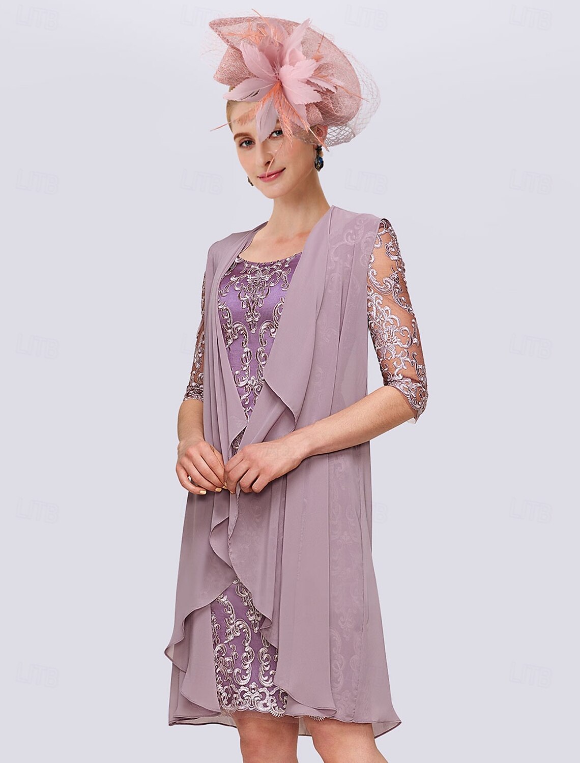 Buyishang Two Piece Sheath Mother of the Bride Dress Elegant Jewel Neck Knee Length Chiffon Lace Half Sleeve Wrap Included Jacket Dresses with Lace free custom size