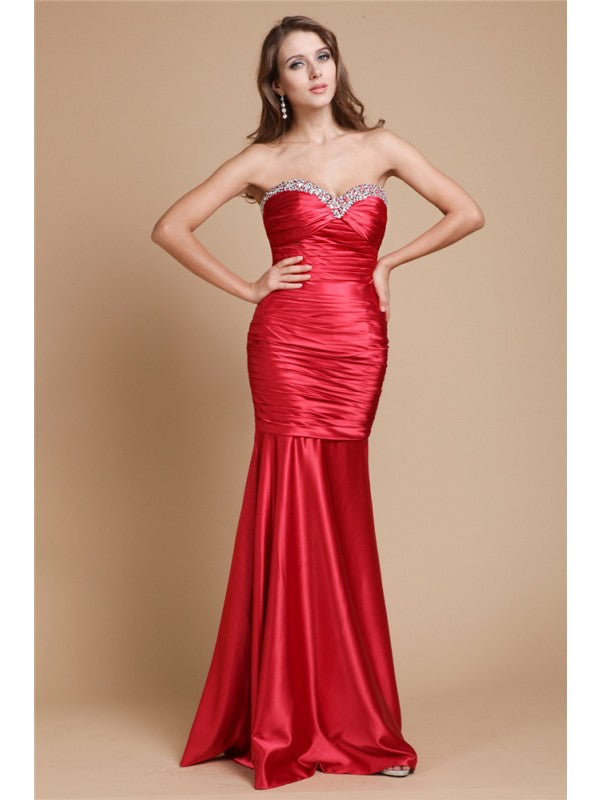 Trumpet/Mermaid Sweetheart Long Sleeveless  Woven Satin Beading Dresses