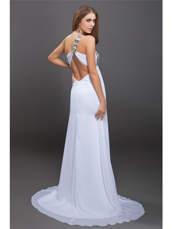 A-Line/Princess One-Shoulder Sequin Lace Sleeveless Long Chiffon Dresses