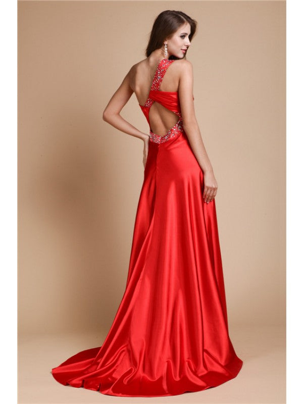 A-Line/Princess One Shoulder Beading Sleeveless Long  Woven Satin Dresses