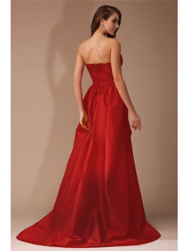 A-Line/Princess Strapless Lace Sleeveless High Low Taffeta Dresses