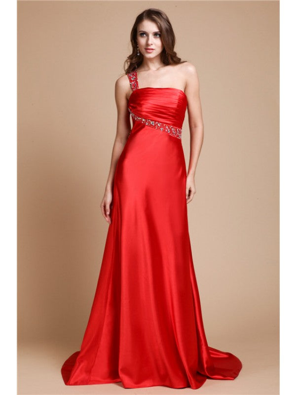 A-Line/Princess One Shoulder Beading Sleeveless Long  Woven Satin Dresses