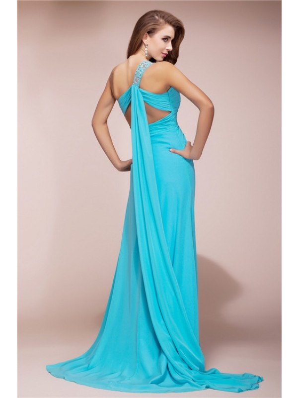 Sheath/Column One Shoulder Beading Sleeveless Slit Long Chiffon Dresses