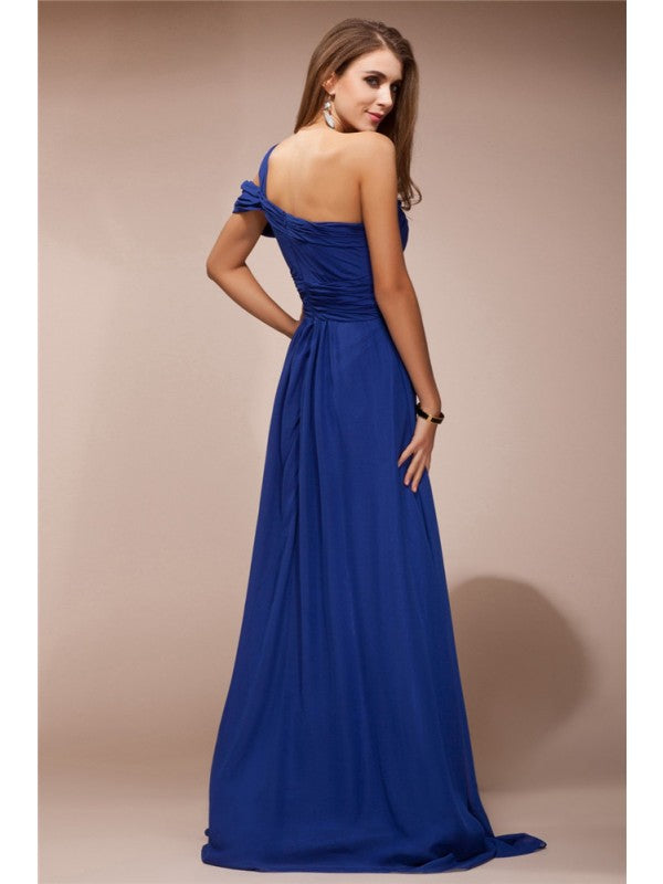 Sheath/Column One Shoulder Ruffles Rhinestone Sleeveless Long Chiffon Dresses