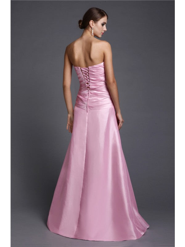 A-Line/Princess Strapless Long Beading  Woven Satin Dresses