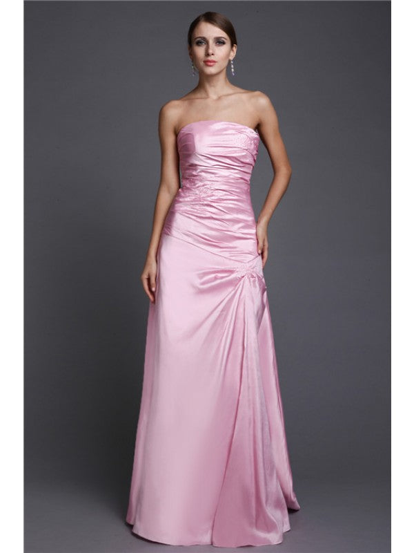 A-Line/Princess Strapless Long Beading  Woven Satin Dresses