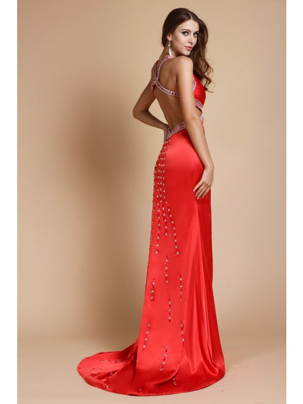 Sheath/Column Straps Beading Sleeveless Long  Woven Satin Dresses